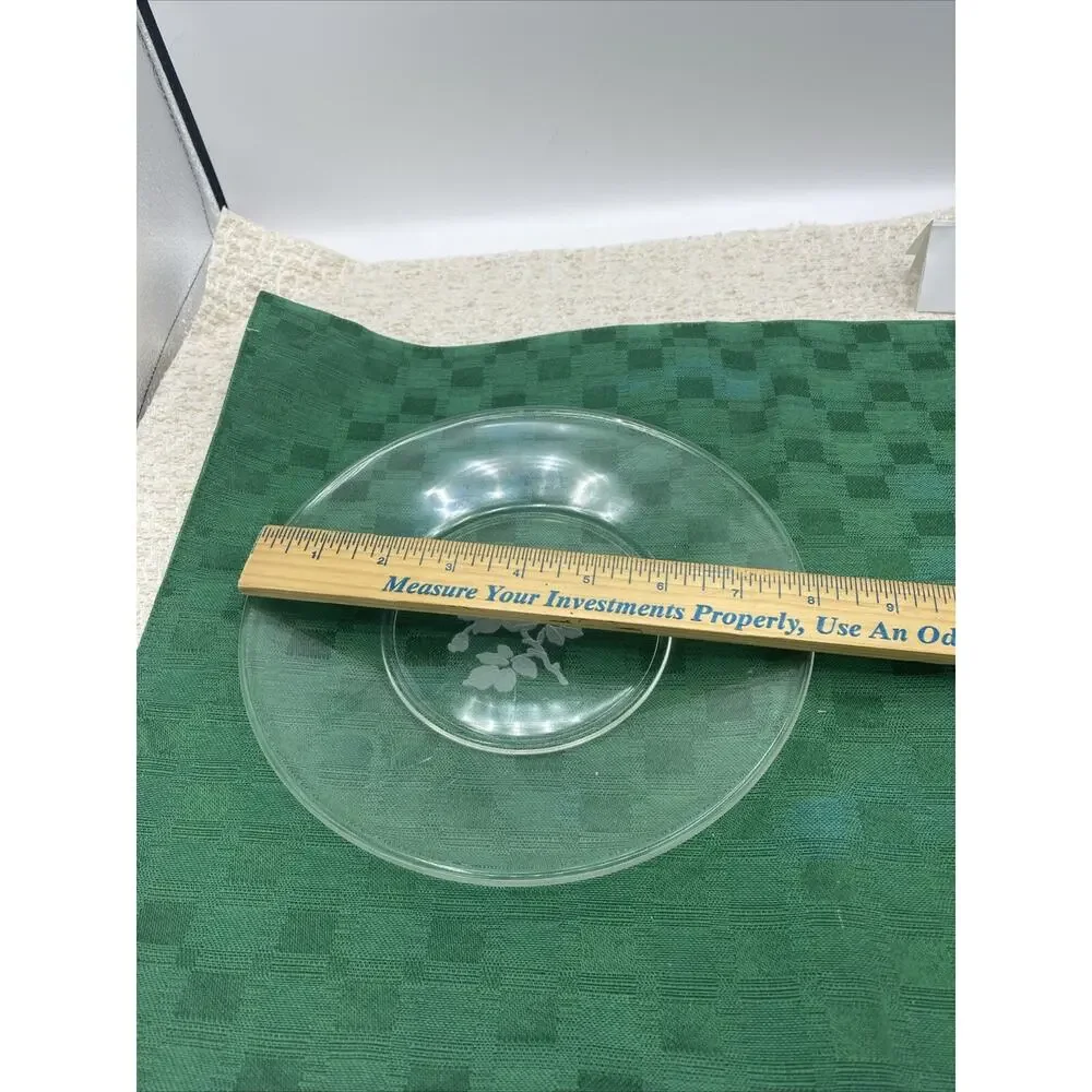 8” Clear Glass Dessert Plate Etched Floral Design Bottom